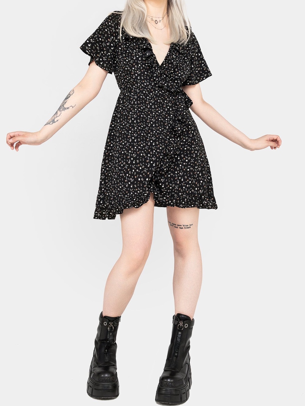 Disturbia moonseed wrap ruffle fit and flare mini dress